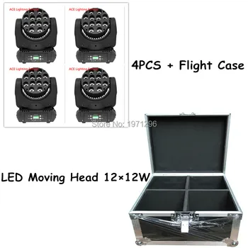 4pcs/lot With Flight Case LED Beam Moving Head Light 12x12W RGBW 11/15 Channels With 8 pieces DMX Cables