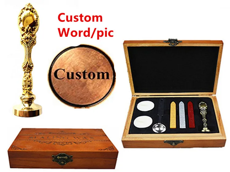 Vintage Custom Made Your Design Personalized Letter Picture Retro Invitation Wax Seal Stamp Handle Set Kit Peacock Metal box set