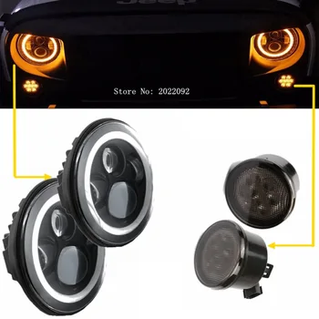 2x 7 Inch Round LED Headlights H4 Halo Amber/white Angle Eyes + 2x Front LED Turning Signals For Wrangler