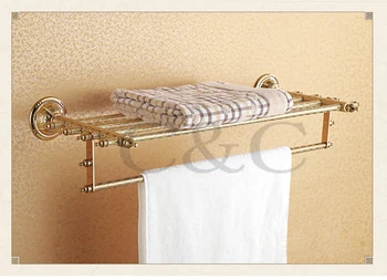 Double Bathroom Towel Racks Noble And Elegant Solid Brass Gold Plating Towel Shelf Holder 1203