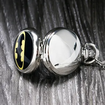 Fashion Silver Super Hero Batman logo Fob Pocket Watch with Necklace Chain for Men Women Children Gift