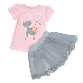 Kids Girls Summer Cute Cat Printed T-Shirts+Tutu Skirt Baby Girls Short Sleeve Cartoon Printed Girls Clothing 2Pcs/Set