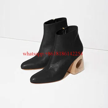 2016 Fahion Leather Boots Pointed-toe Wood Grain Heels Boots Women Single Ankle Boots Catwalk Shoes Ladies Sexy Boots Zapatos