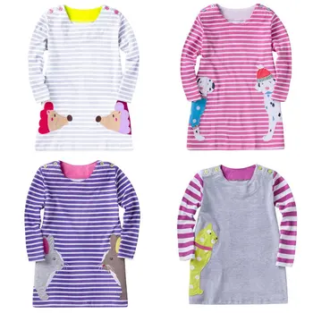 Autumn Kids Clothes Girls Cartoon Striped Dress Applique Cat Embroidery Cotton Girls Long Sleeve Children Dress