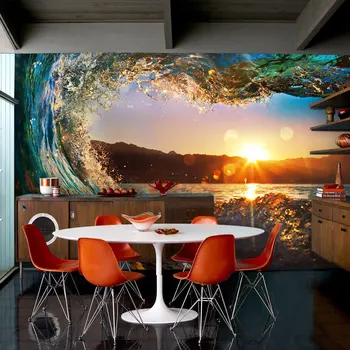 Custom 3D Photo Wallpaper Living Room Sofa Background Wallpaper 3D Stereoscopic Wall Mural Wallpaper Nature Scenery Wave Sunset