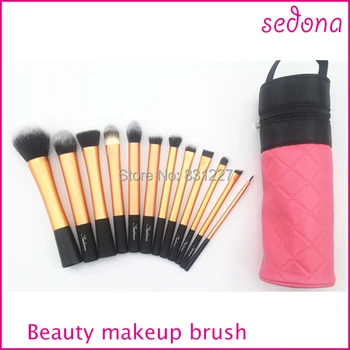 Sedona 12pcs Makeup brush kit with cylinder brush case,sedona long aluminium make up set with pink bag,colorful cosmetic brush