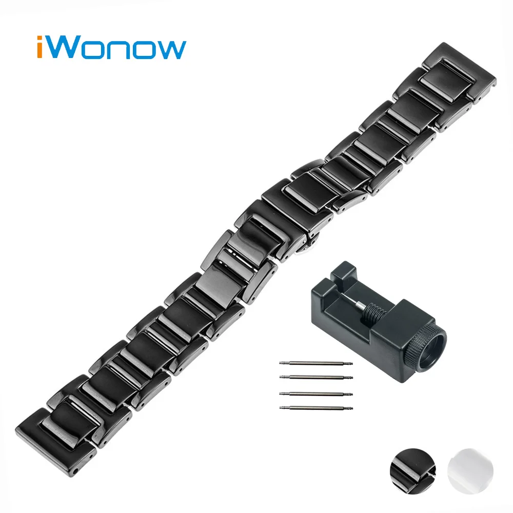 18mm Ceramic Watch Band for Withings Activite / Steel / Pop Butterfly Buckle Strap Wrist Belt Bracelet Black White + Spring Bar