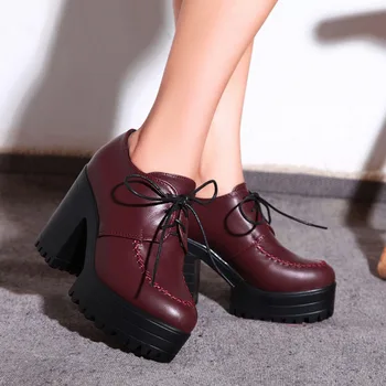 Women England high heel ankle boots vintage Low Top Platform Wedge shoes ladies genuine leather shoes black Sexy chaussure femme