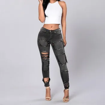 2017 Spring Summer Women Jeans Pants Pencil Pants Slim Knee Skinny Ripped Jeans Grey Ripped Jeans pocket hole vaqueros mujer XL