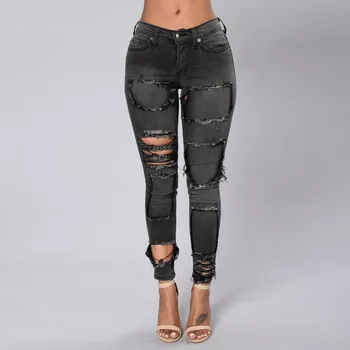 2017 Spring Summer Women Jeans Pants Pencil Pants Slim Knee Skinny Ripped Jeans Grey Ripped Jeans pocket hole vaqueros mujer XL