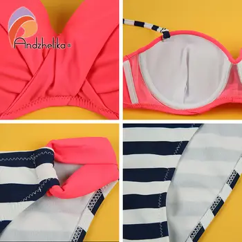 Andzhelika 2017 New Gril's Bikinis Set Swimsuit Summer Push up Solid Top Striped Bottom Bathing Suit Mailloe de baim femme
