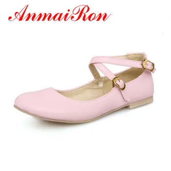 ANMAIRON 2016 new fashion soft leather women flat shoes buckle strap casual round toe women's spring/summer shoes