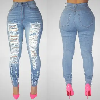 2017 new hot Women Denim Skinny Pants High Waist Destroyed Stretch Trousers hole Jeans
