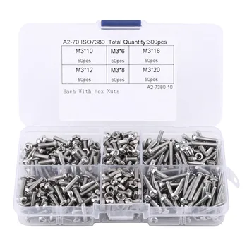 300pcs M3 Stainless Steel Button Head Hex Socket Screws Assortment Kit with Nuts