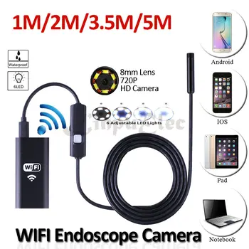 WIFI Iphone Android USB Endoscope Camera 8mm Lens 5M 3.5M 2M 1M HD720P Flexible Snake USB Inspection Borescope Laptop 2MP Camera