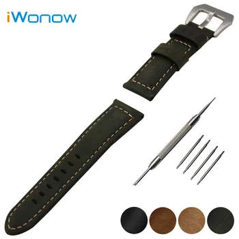 Genuine Leather Watch Band 22mm for Pebble Time / Steel Stainless Tang Buckle Strap Wrist Belt Bracelet Black Brown Green + Tool