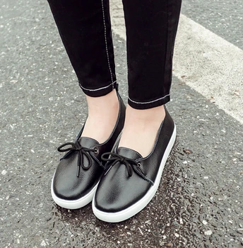 Spring Genuine leather women white flat shoes fashion lady casual shoes soft moccasins woman lace-up Ballet Flats Plus size35-40