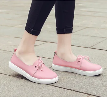 Spring Genuine leather women white flat shoes fashion lady casual shoes soft moccasins woman lace-up Ballet Flats Plus size35-40