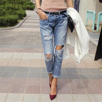 2017 Women Jeans Spring Cotton Ladies Hole Breathable Jeans Cool Denim Pants Vintage Straight Jeans Girl Mid Waist Casual Pants