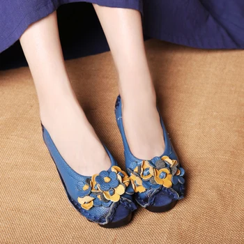 Factory Outlet National Flowers Handmade Genuine Leather Shoes Women Retro Soft Bottom Flat Shoes Ballet Flats Women Loafers