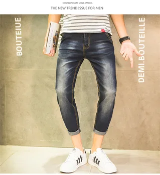 Mens Jeans Ankle Length Pants Korean Skinny Slim Blue Elastic Thin Lightweight Tight Casual Jean Man Students Boys Big Size 38