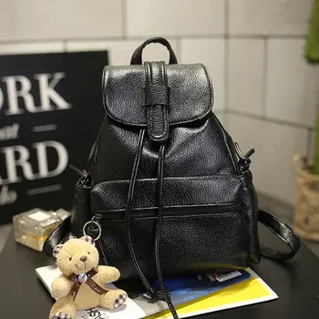 Preppy Fashion Small Bear Pendant Girls Schoolbag PU Leather Women Backpack String Closure Women Bag Black Backpack