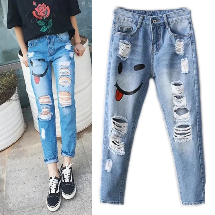 2017 new spring and the wind are all-match nine hole high waisted skinny pants smiling female jeans