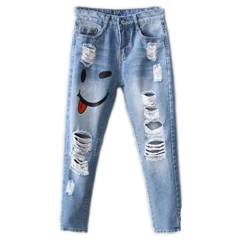 2017 new spring and the wind are all-match nine hole high waisted skinny pants smiling female jeans