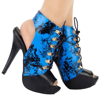 LF30101 Blue Black Bamboo Chinese Ink And Wash Lace Up Gladiator Sandals 4/5/6/7/8/9/10