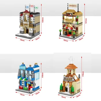 Funny city Mini street view building block with light Church Embassy casino Grocery store bricks model educational toys for kids