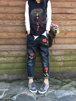 Original 2017 Spring New Art Personality Embroidery Flowers Loose Casual Cowboy Trousers Down Trousers Tide Sen Female
