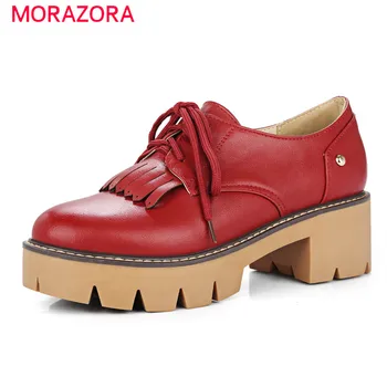 MORAZORA single shoes fashion women pumps platform shoes med heels lace-up college wind students shoes solid round toe