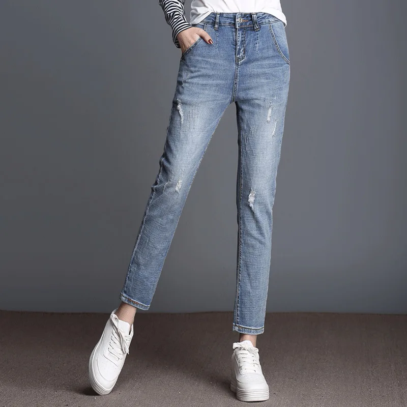 Light Blue Pencil jeans Women Womens Denim Trousers Ankle Length Pants For Women Bleached Ripped jeans High Waist Plus Size 8XL