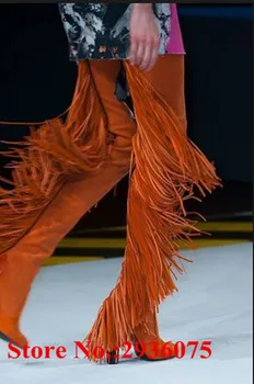 Orange Wild Fringed Bohemia Slim Women Long Boots Suede Leather Tassel Slip-On Block High Heels Over The Knee Thigh High Boots