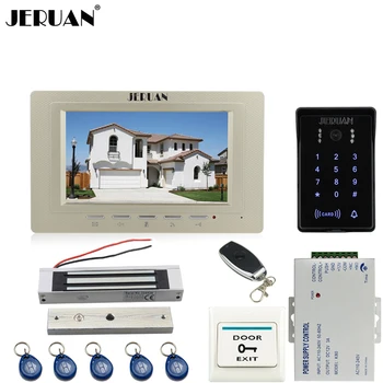 JERUAN 7 inch TFT video door phone intercom system RFID waterproof touch key password keypad camera + power +180kg magnetic lock