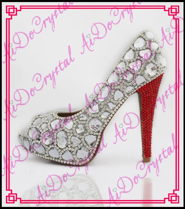 Aidocrystal Handmade Luxury red heel Crystal ivory Rhinestone Wedding Shoes Womens Stiletto Fish Mouse Pumps