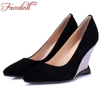 FACNDINLL 2017 fashion wedges heels pointed toe genuien leather shoes woman pumps black woman wedding party shoes szie 34-39