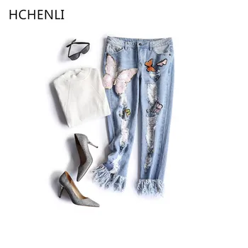 HCHENLI 2017 Summer Women Jeans Female Sequined Ripped Butterfly Blue Mid Waist Ankle-Length Jeans Ladies Legging Straight Pants