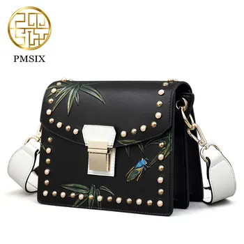 Chinese wind art rivets handbags arts single shoulder bag cowhide Messenger bag embossed wide shoulder strap P220053