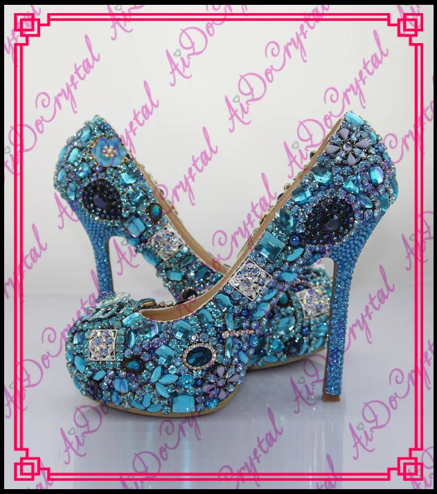 Aidocrystal most luxury rhinestone glitter blue wedding high heel shoes and bags to match women