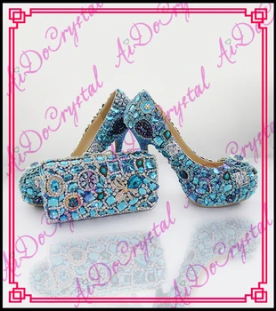 Aidocrystal most luxury rhinestone glitter blue wedding high heel shoes and bags to match women