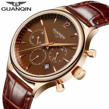 Mens Watches Top Brand Luxury GUANQIN Fashion Men Sport Chronograph Clock Brown Leather Strap Quartz Watch Relogio Masculino