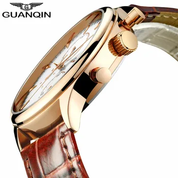 Mens Watches Top Brand Luxury GUANQIN Fashion Men Sport Chronograph Clock Brown Leather Strap Quartz Watch Relogio Masculino