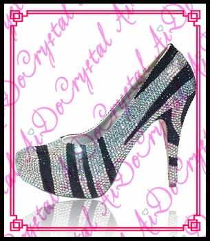 Aidocrystal hot selling handmade black and white rhinestone streak high heel shoes fashion women pumps evening party shoes