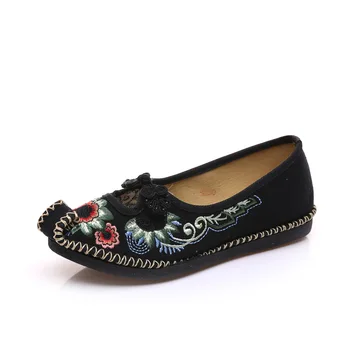 Charming Vintage Flower Old Peking Women's Shoes Chinese Flat Heel With Flower Embroidery Comfortable Soft Canvas Shoes Size 41