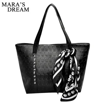 Mara's Dream 2017 Women's Handbag Cool Skull Shoulder Bags With Scarf Large Capacity Hand Bags For Women PU Leather Rivet Bags