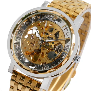 Luxury 2016 New Full Steel Men Gold Skeleton Dial Wrist Watch Business Analog Mechanical Auto Watches Waterproof