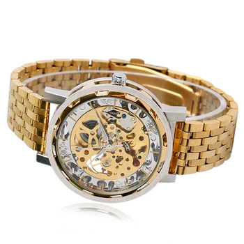 Luxury 2016 New Full Steel Men Gold Skeleton Dial Wrist Watch Business Analog Mechanical Auto Watches Waterproof