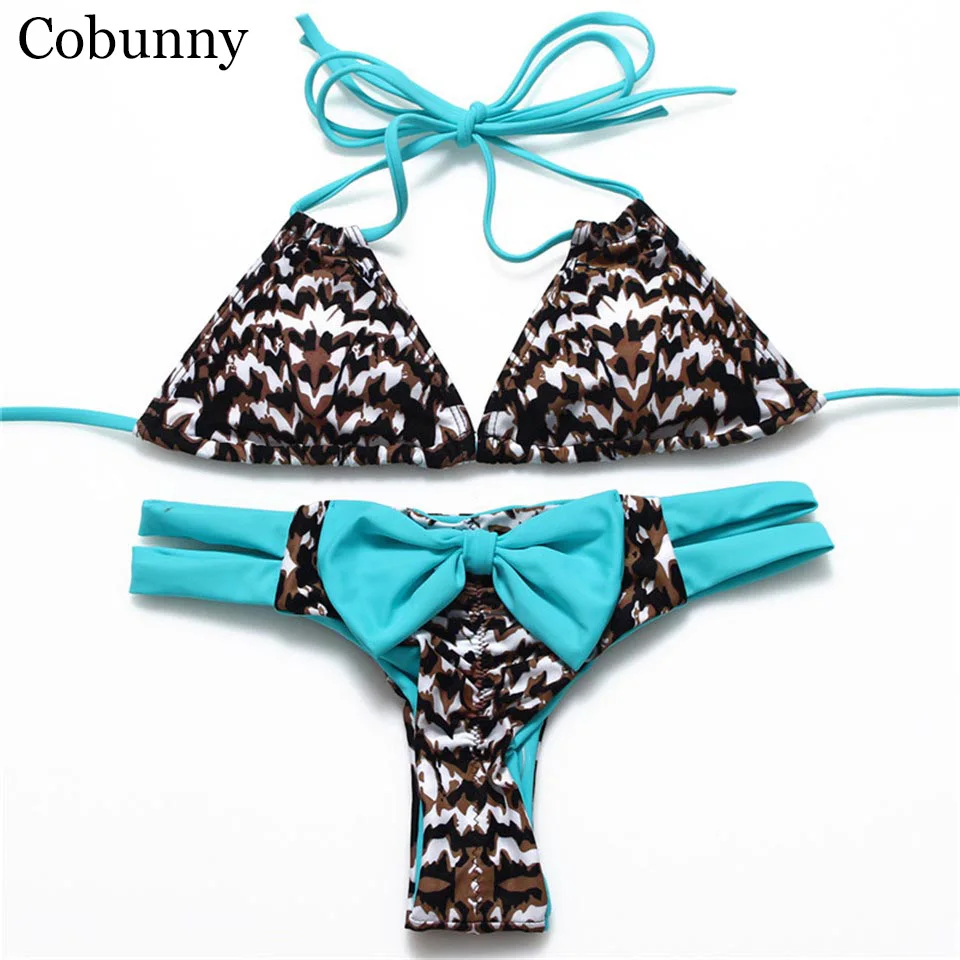 COBUNNY 2017 New Brazilian Leopard Bikini Sex Bow Bandage Swimsuit Thong Halter Swimwear Biquini traje de bano mujer