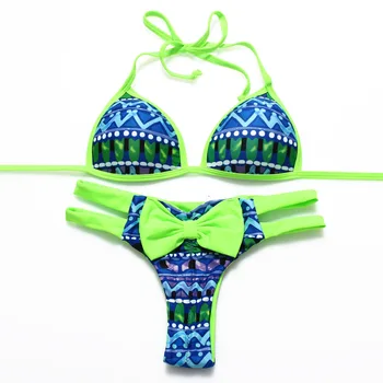 COBUNNY 2017 New Brazilian Leopard Bikini Sex Bow Bandage Swimsuit Thong Halter Swimwear Biquini traje de bano mujer